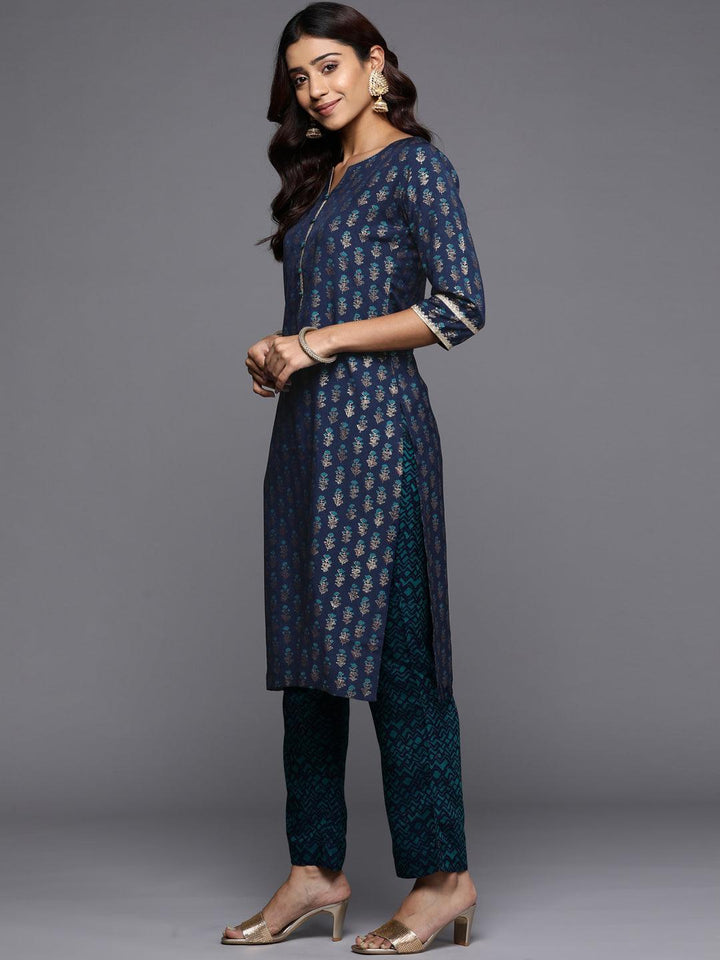 Blue Printed Silk Straight Kurta