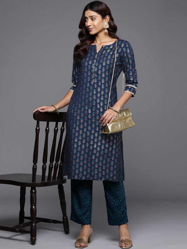 Blue Printed Silk Straight Kurta