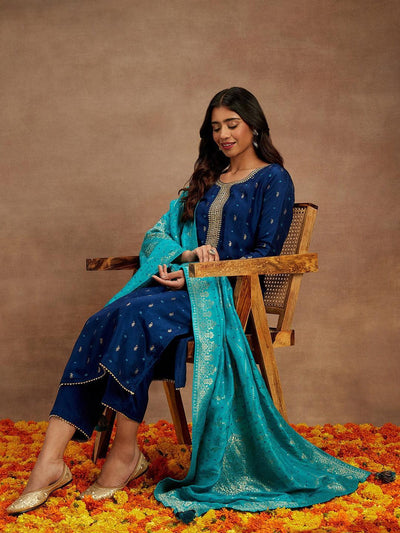 Blue Printed Silk Straight Kurta With Trousers & Dupatta - ShopLibas