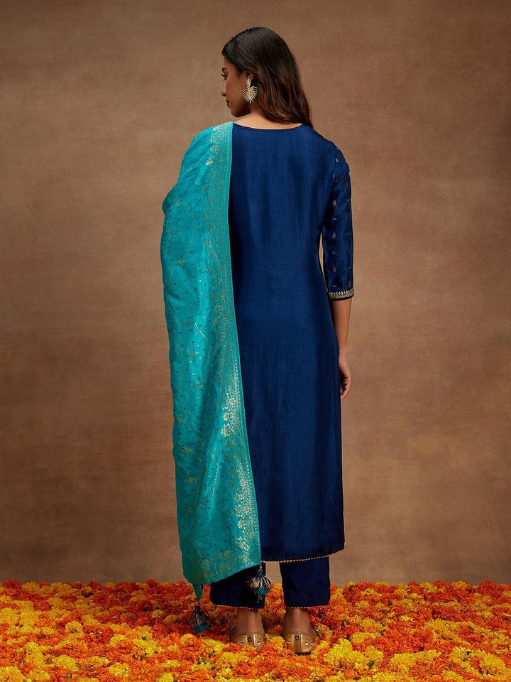 Blue Printed Silk Straight Kurta With Trousers & Dupatta - ShopLibas