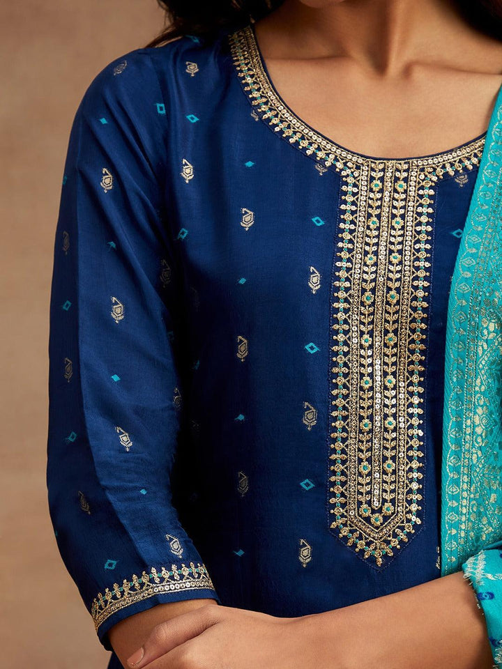 Blue Printed Silk Straight Kurta With Trousers & Dupatta - ShopLibas