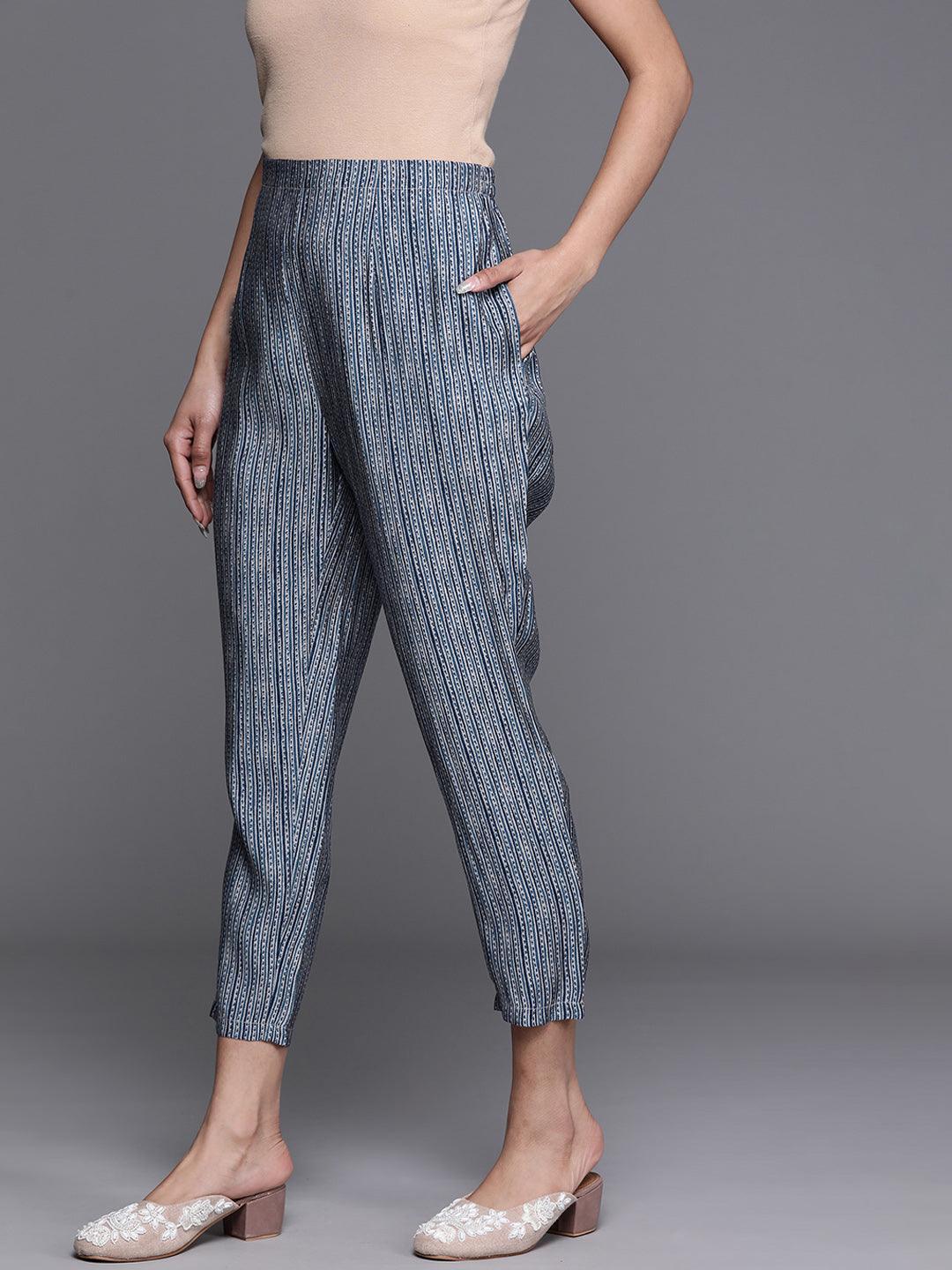 Blue Printed Silk Trousers - ShopLibas 