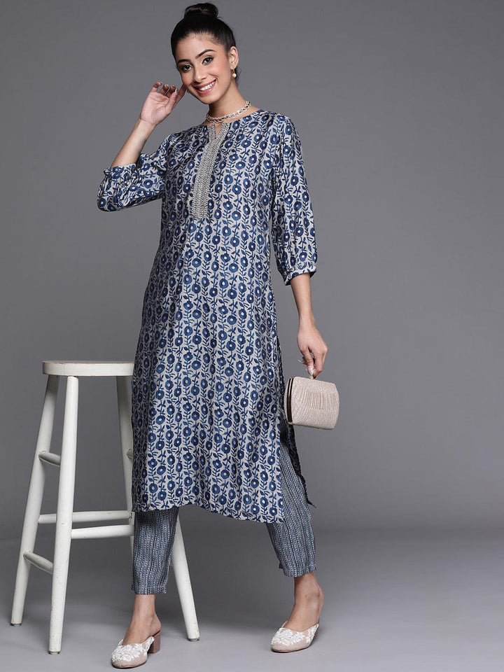 Blue Printed Silk Trousers