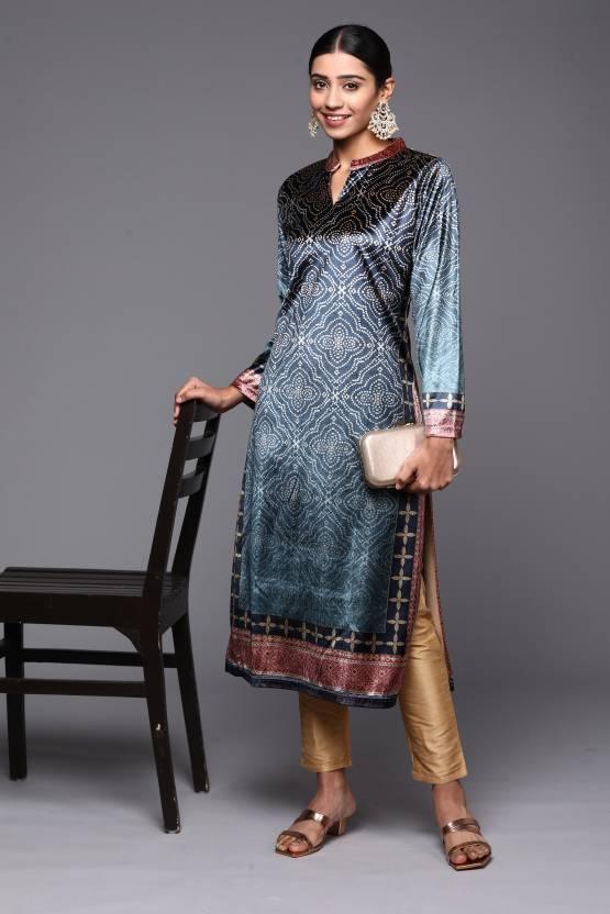 Blue Printed Velvet Straight Kurta - ShopLibas