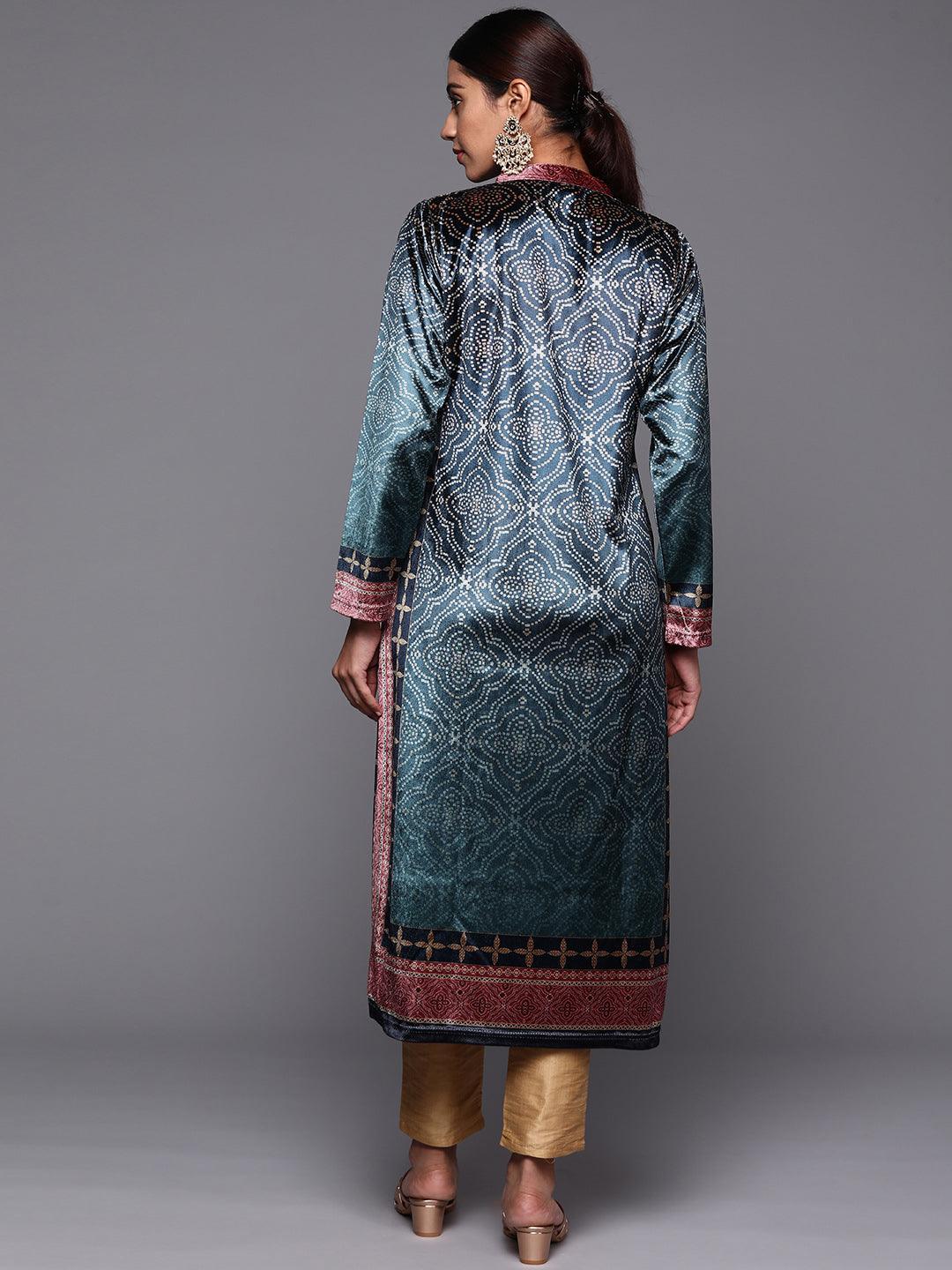 Blue Printed Velvet Straight Kurta - ShopLibas
