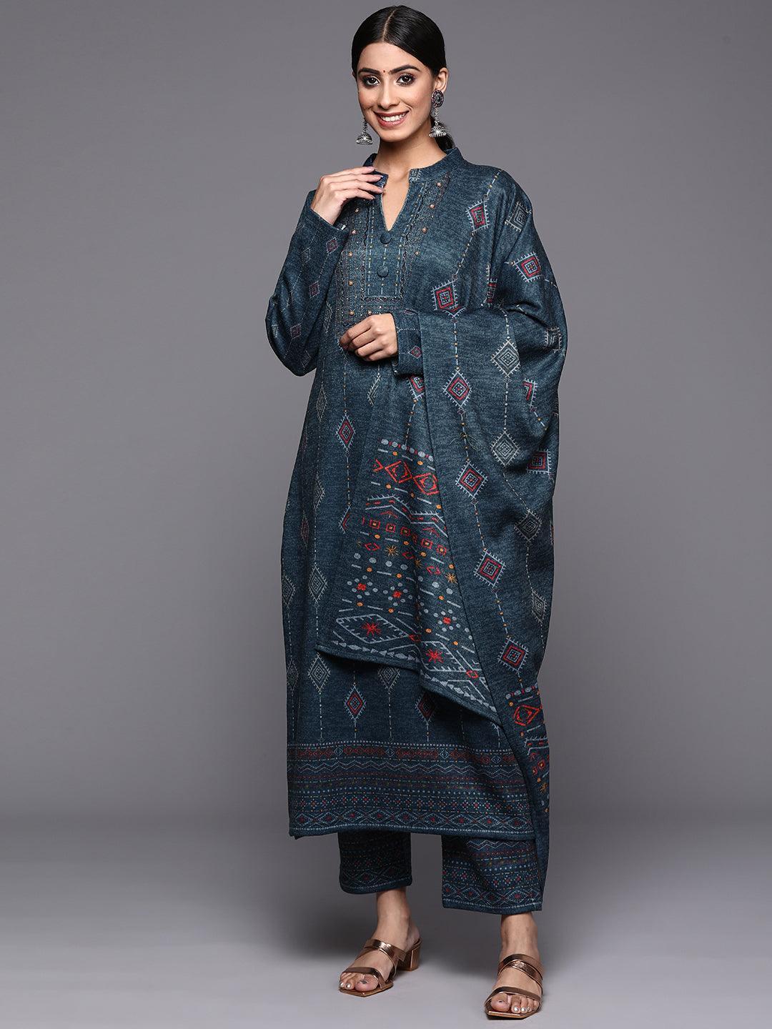 Blue Printed Wool Straight Suit Set - ShopLibas