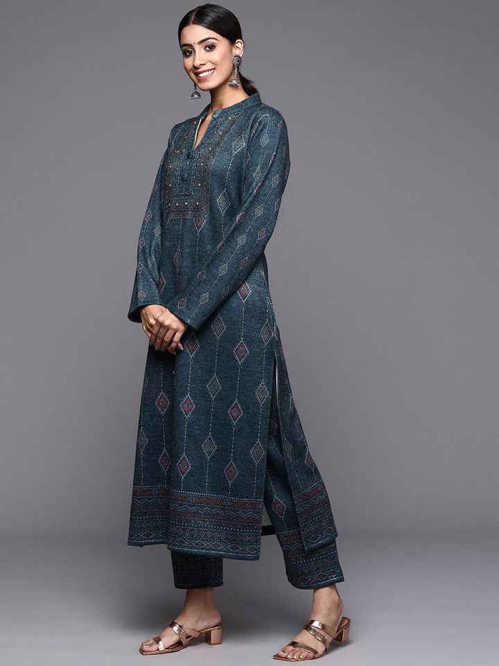 Blue Printed Wool Straight Suit Set - ShopLibas