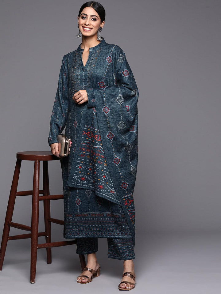 Blue Printed Wool Straight Suit Set - ShopLibas