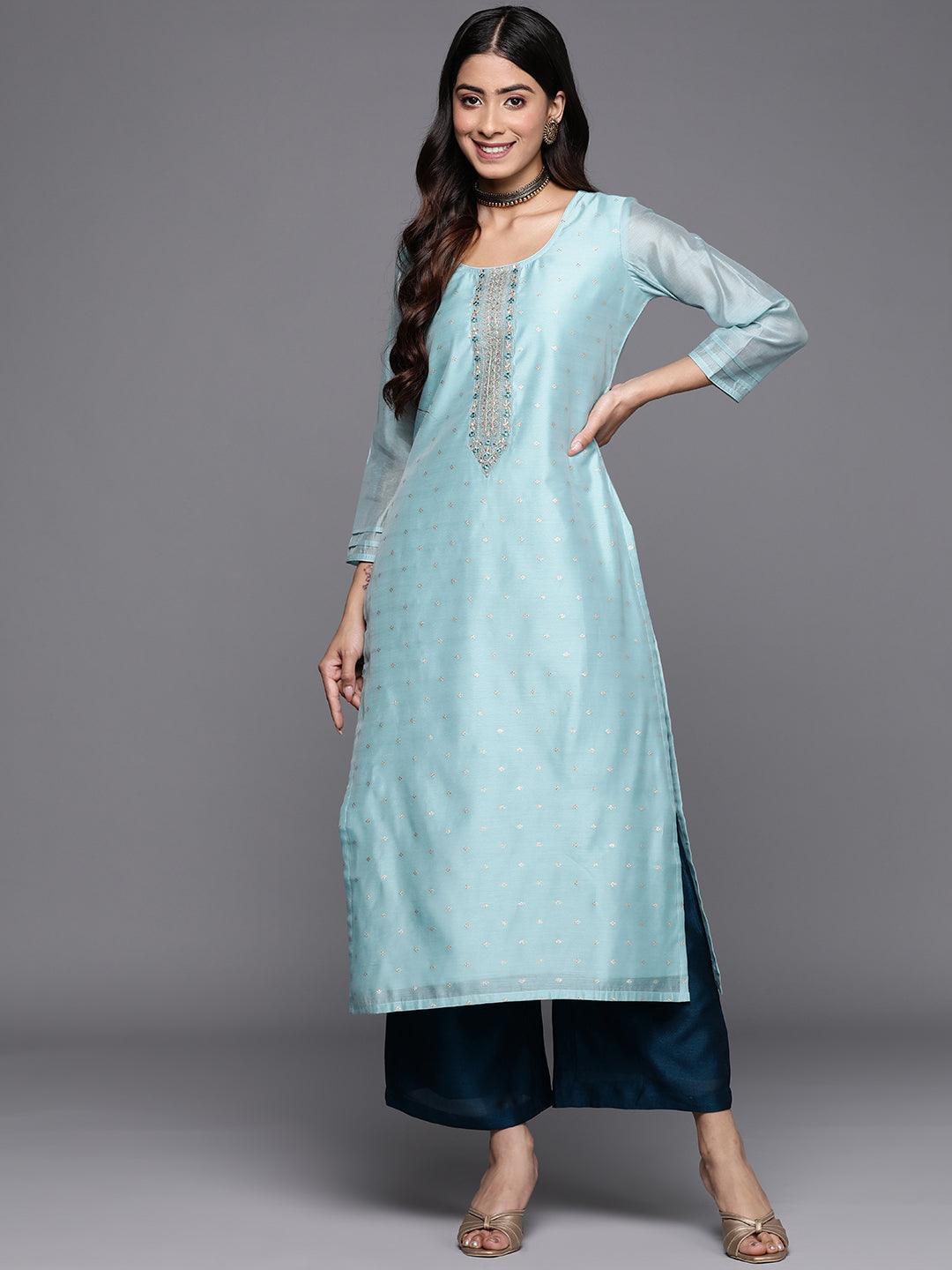 Blue Embellished Chanderi Silk Straight Kurta - ShopLibas