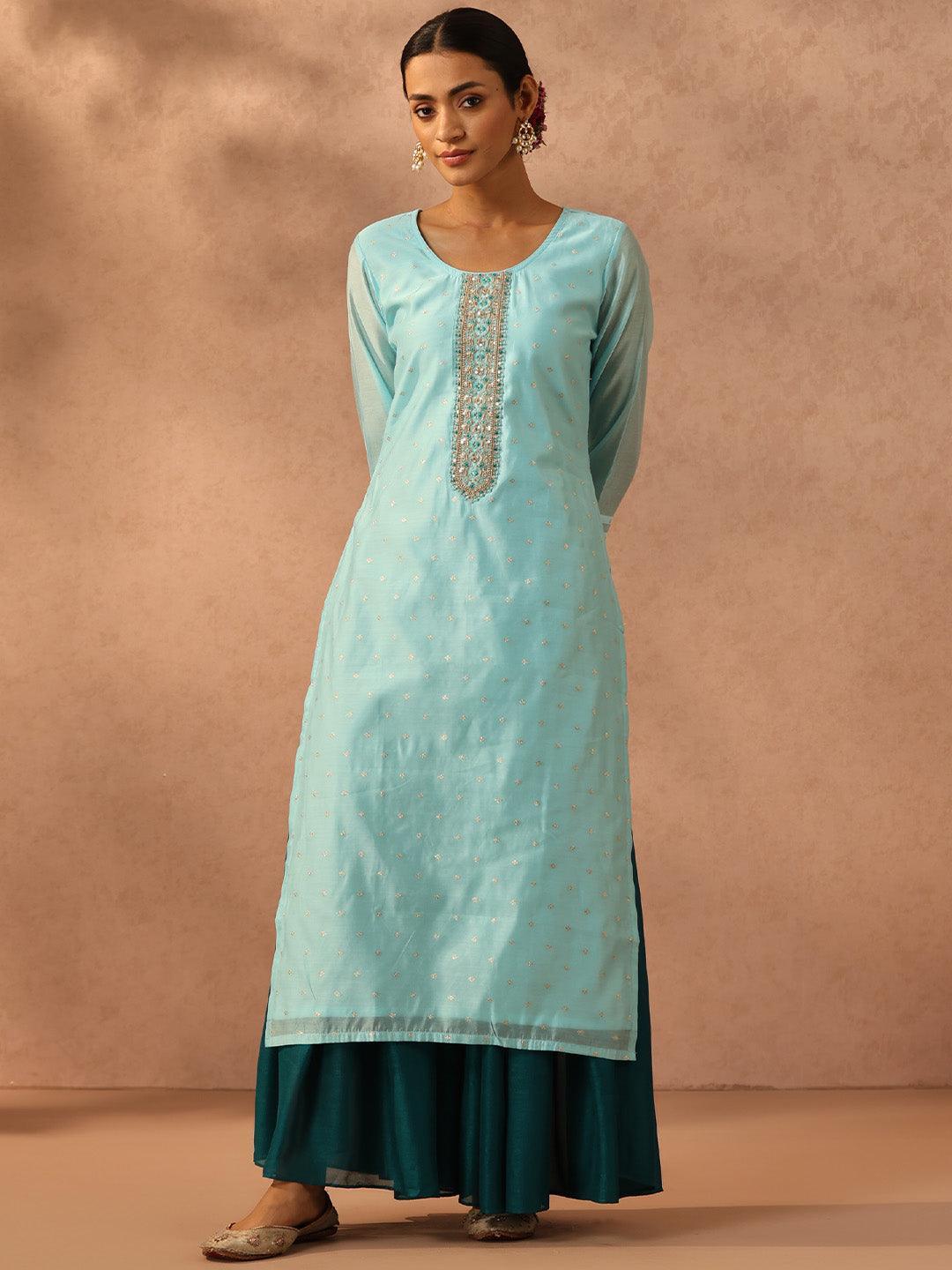 Blue Embellished Chanderi Silk Straight Kurta - ShopLibas
