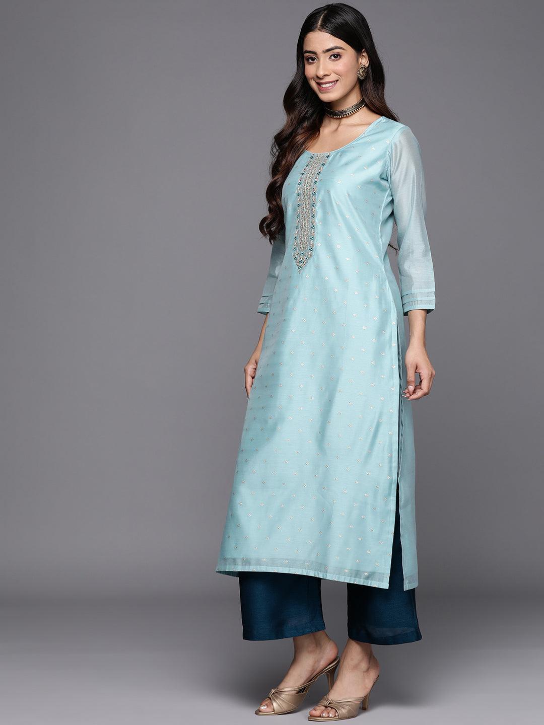 Blue Embellished Chanderi Silk Straight Kurta - ShopLibas 