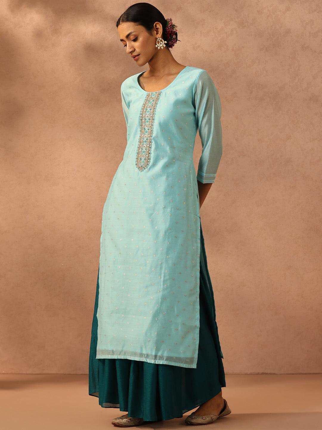 Blue Embellished Chanderi Silk Straight Kurta - ShopLibas 