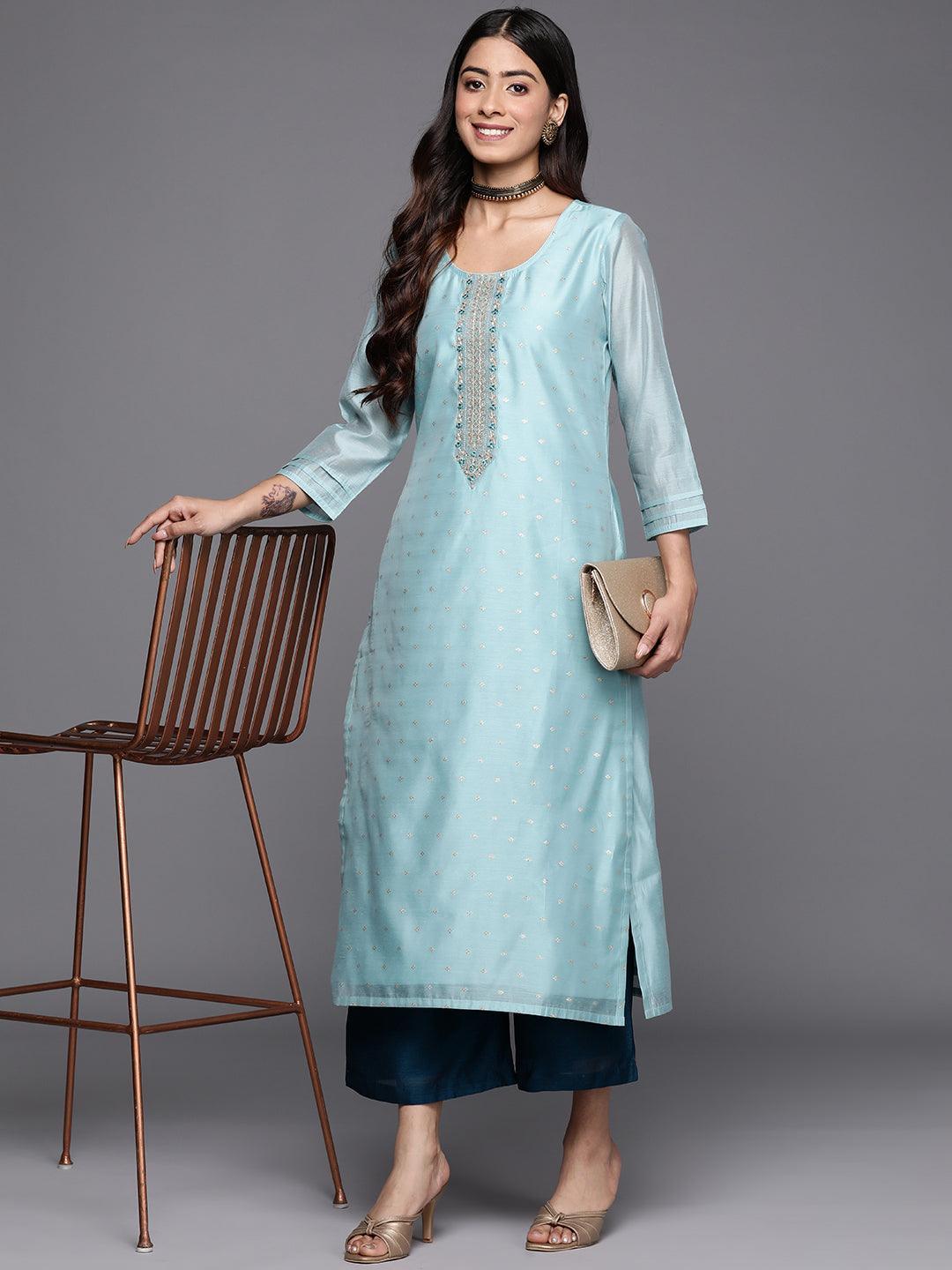 Blue Embellished Chanderi Silk Straight Kurta - ShopLibas 