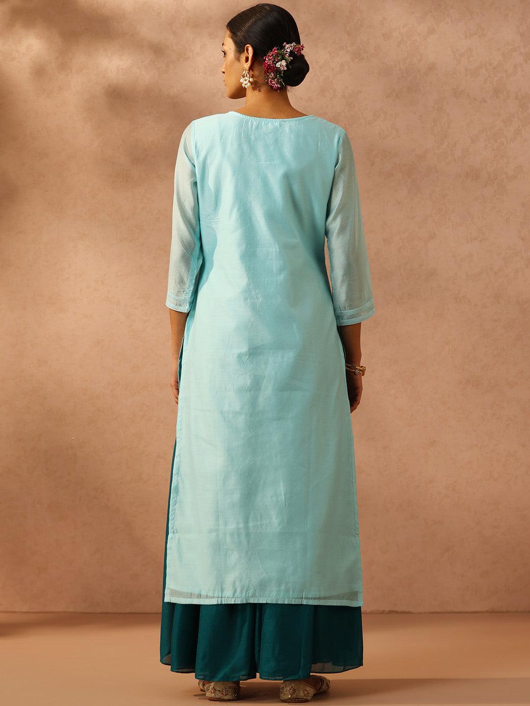 Blue Embellished Chanderi Silk Straight Kurta - ShopLibas 