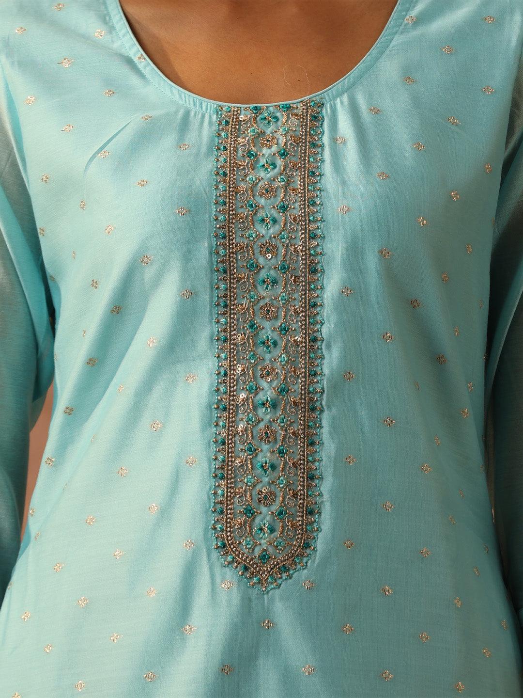 Blue Embellished Chanderi Silk Straight Kurta - ShopLibas 