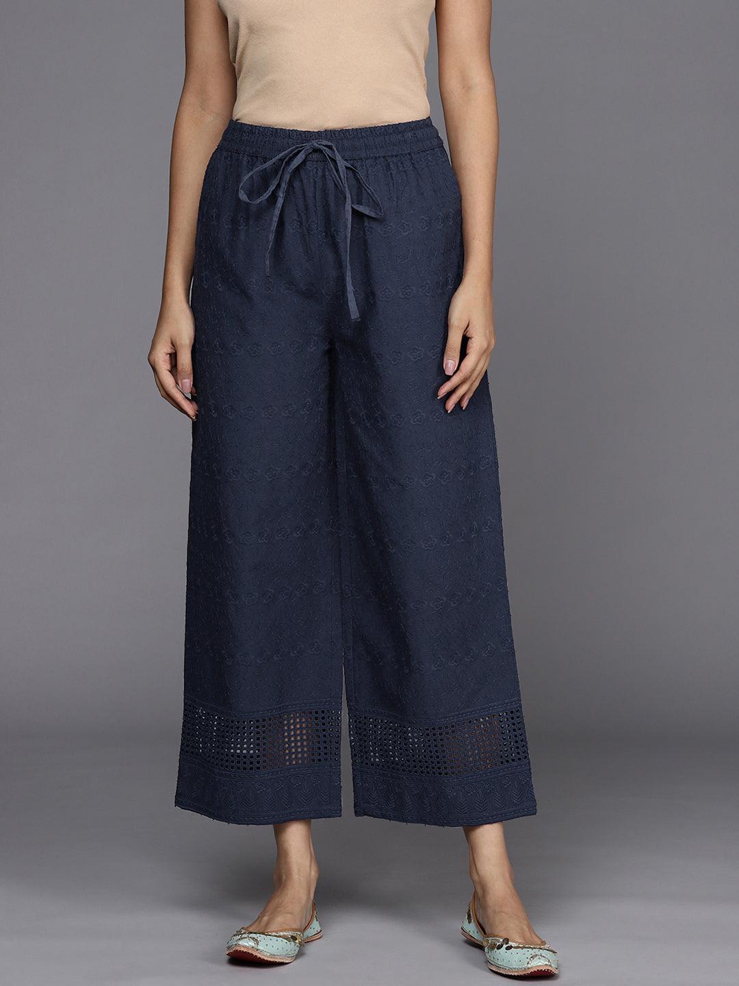 Blue Self Design Cotton Palazzos - ShopLibas