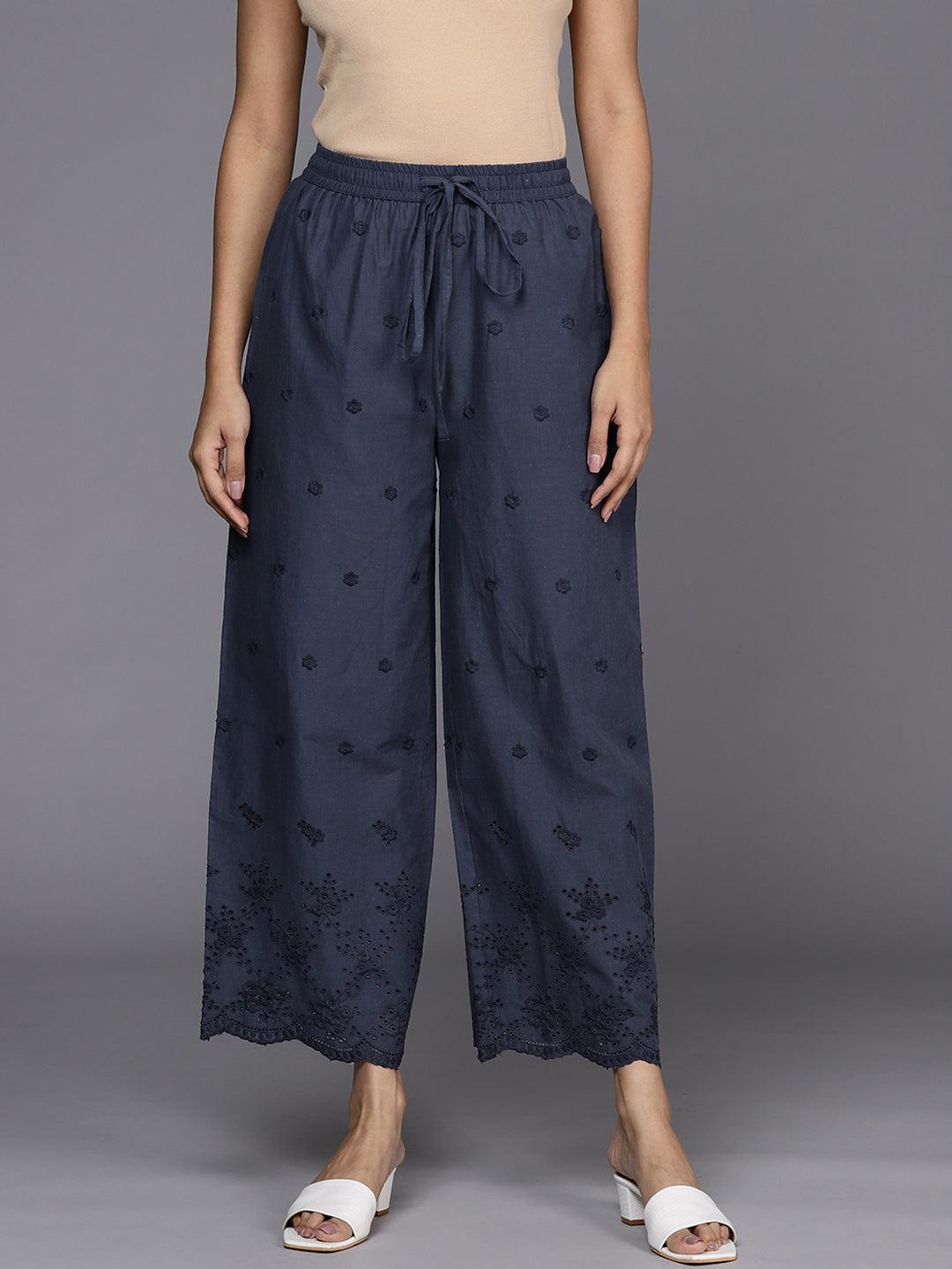 Blue Self Design Cotton Palazzos - ShopLibas