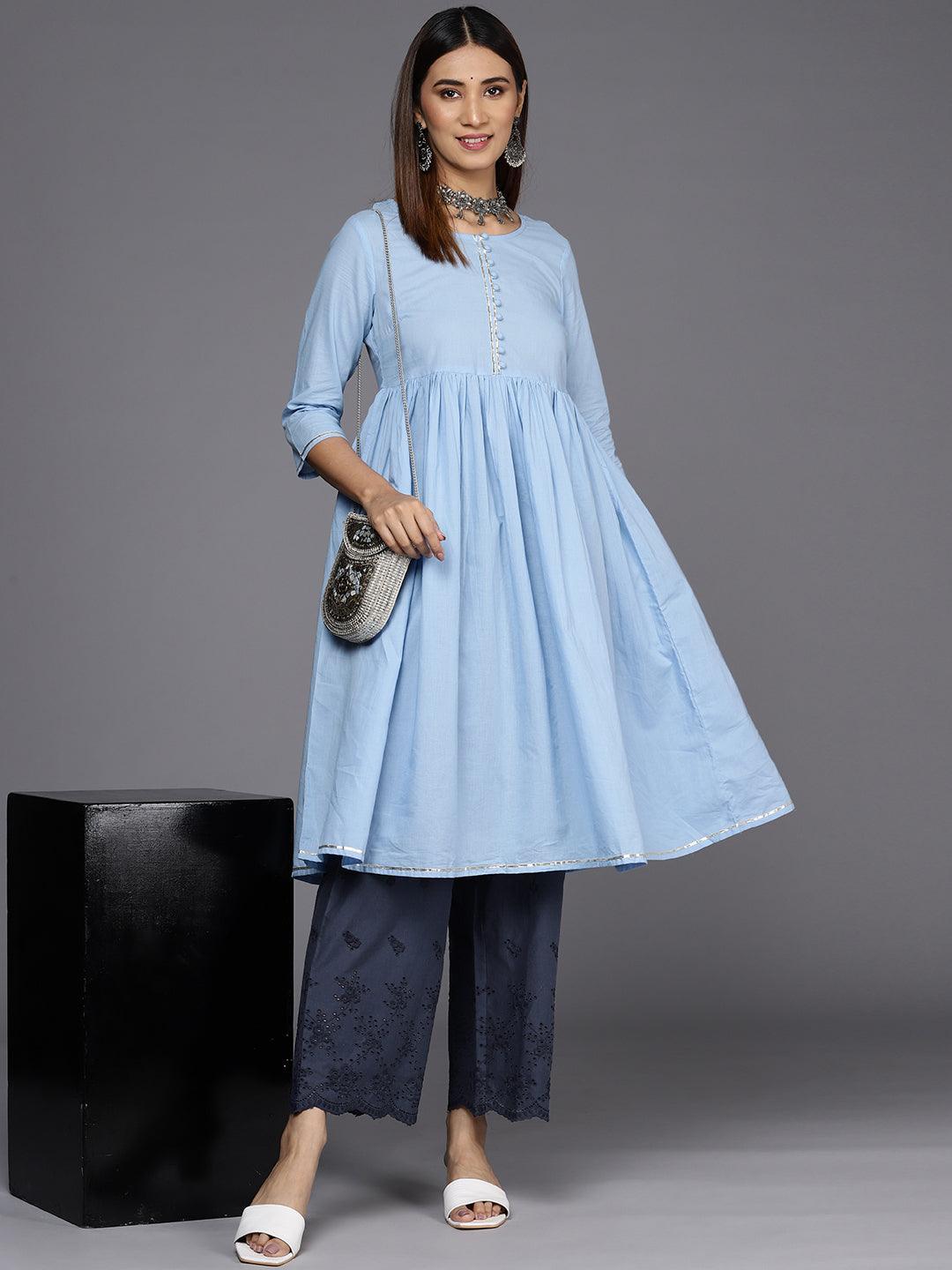 Blue Self Design Cotton Palazzos - ShopLibas 