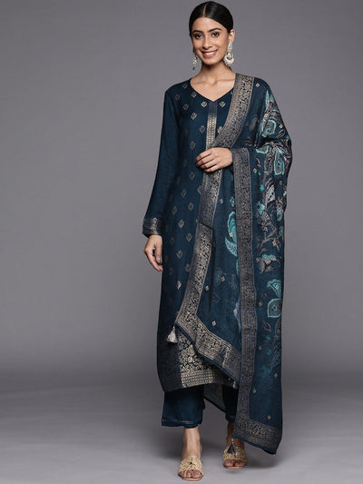 Blue Self Design Pashmina Wool Straight Suit Set - ShopLibas