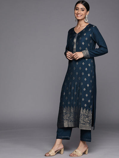 Blue Self Design Pashmina Wool Straight Suit Set - ShopLibas