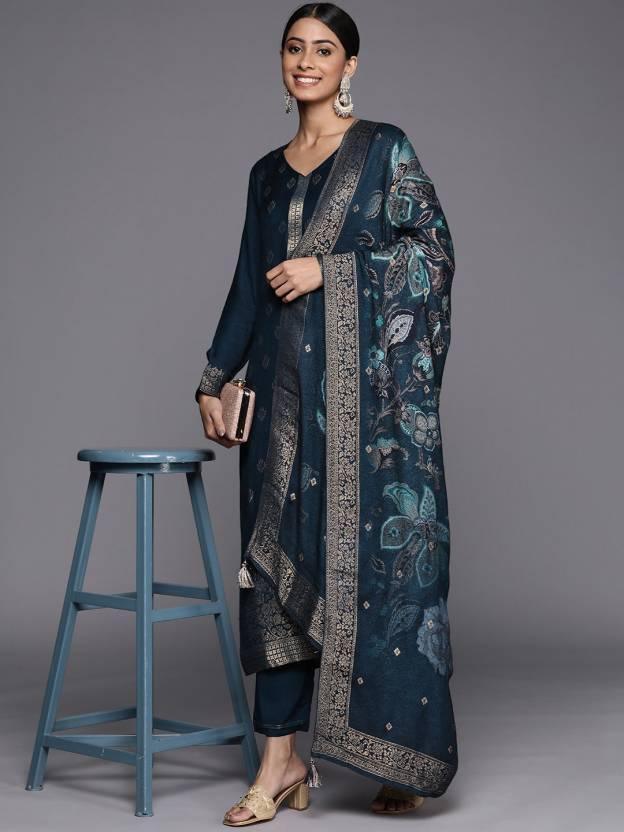 Blue Self Design Pashmina Wool Straight Suit Set - ShopLibas
