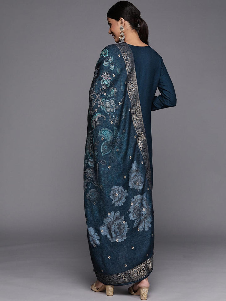 Blue Self Design Pashmina Wool Straight Suit Set - ShopLibas