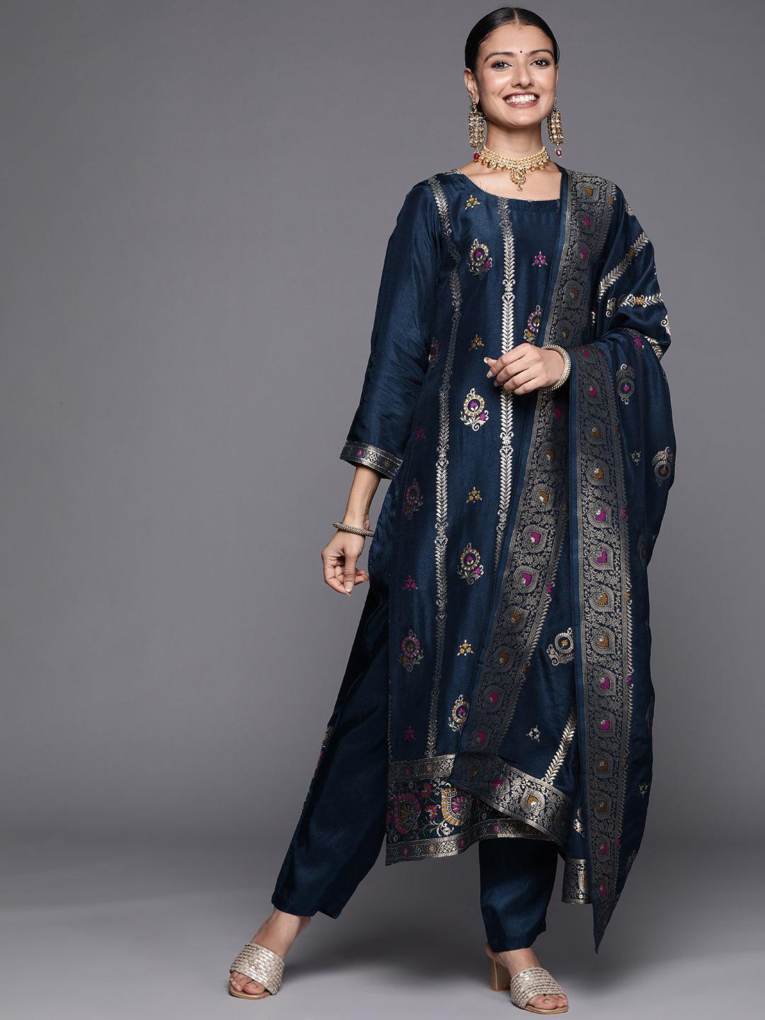 Blue Self Design Silk Blend Straight Suit Set - ShopLibas