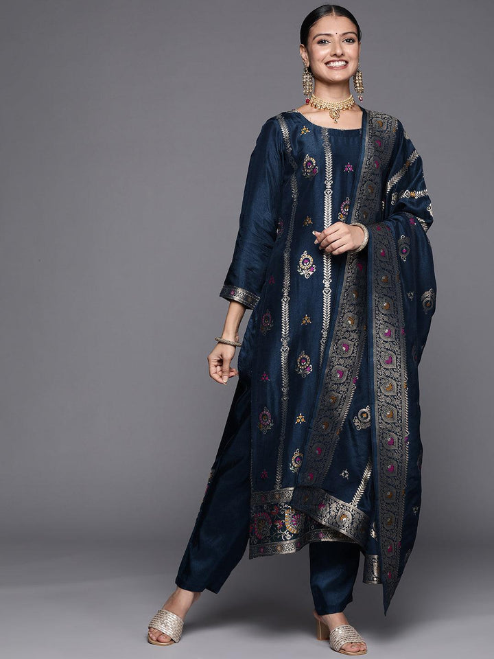Blue Self Design Silk Blend Straight Suit Set - ShopLibas