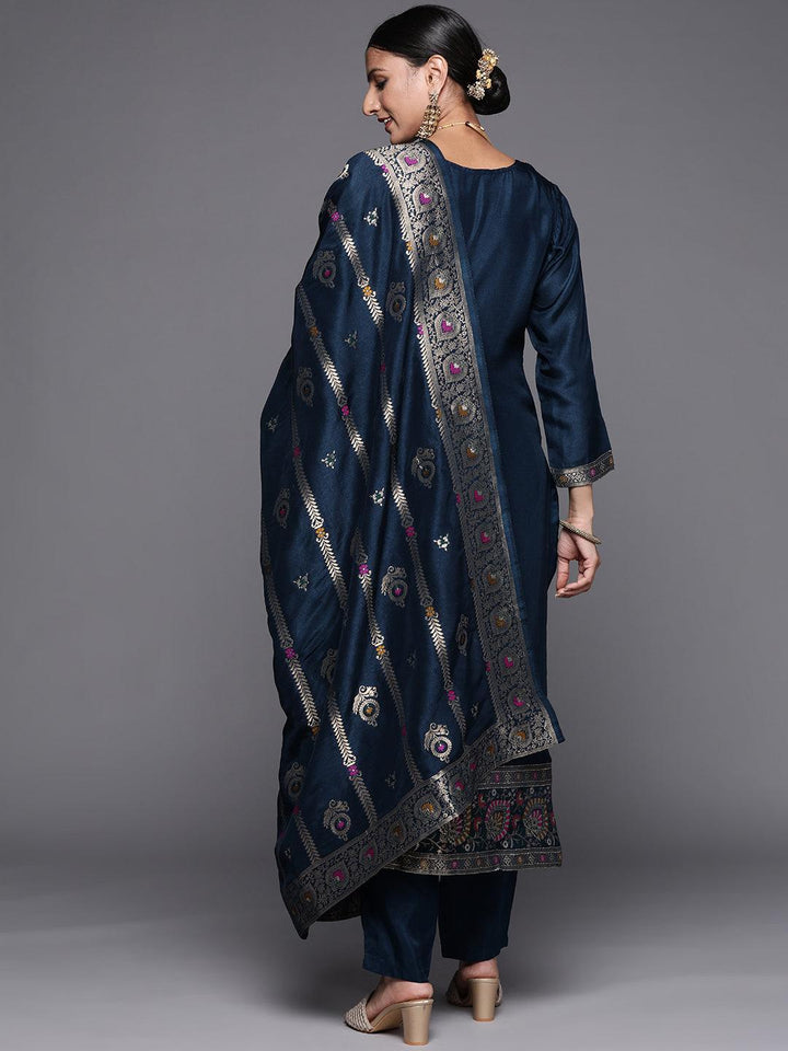 Blue Self Design Silk Blend Straight Suit Set - ShopLibas