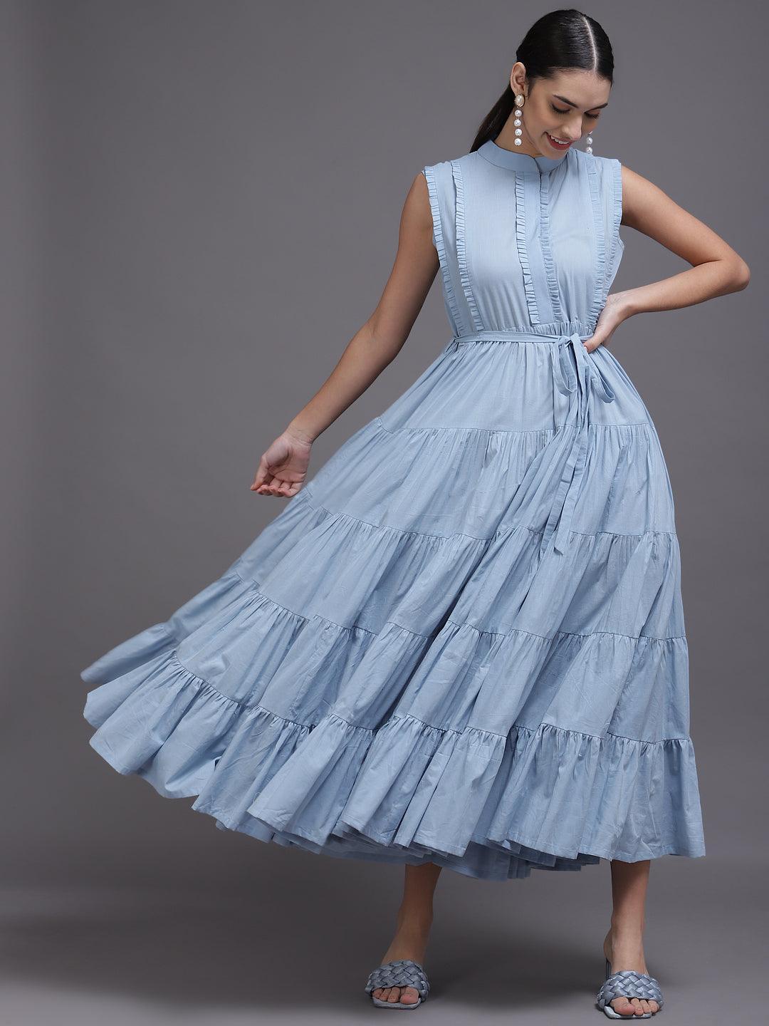 Blue Solid Cotton Dress - ShopLibas