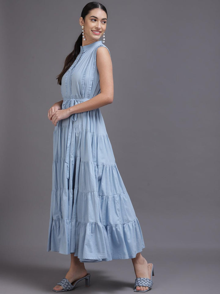 Blue Solid Cotton Dress - ShopLibas