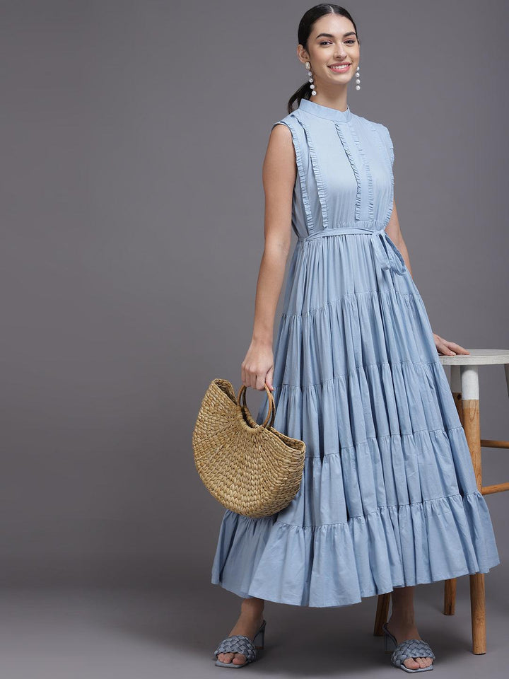 Blue Solid Cotton Dress - ShopLibas