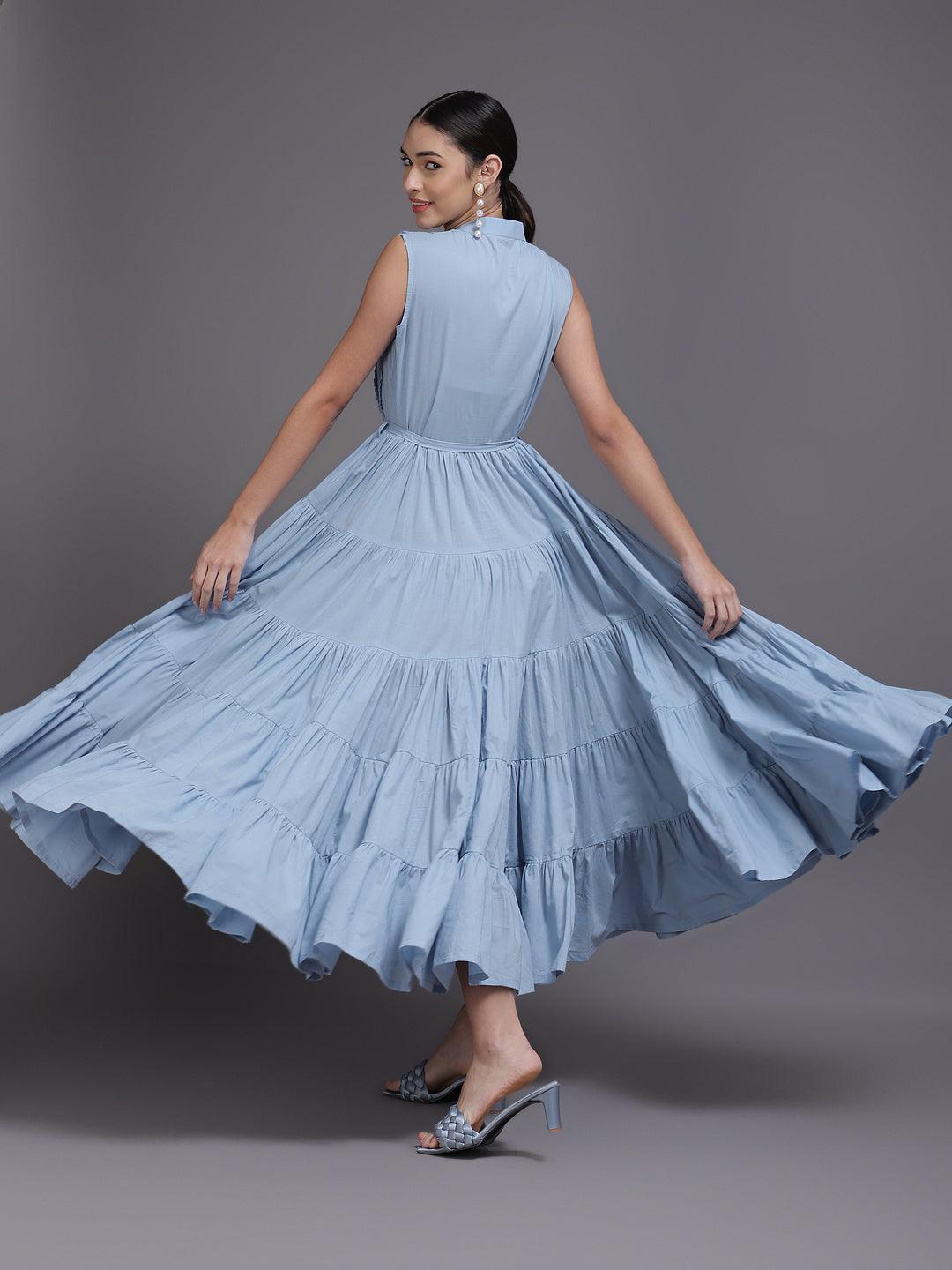 Blue Solid Cotton Dress - ShopLibas