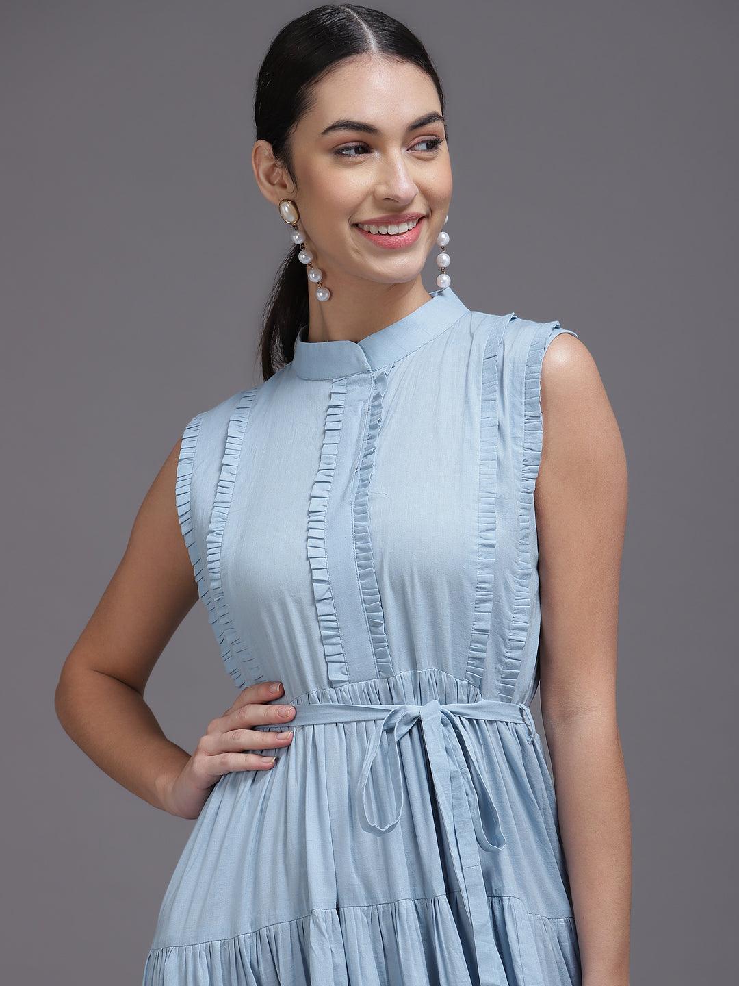 Blue Solid Cotton Dress - ShopLibas