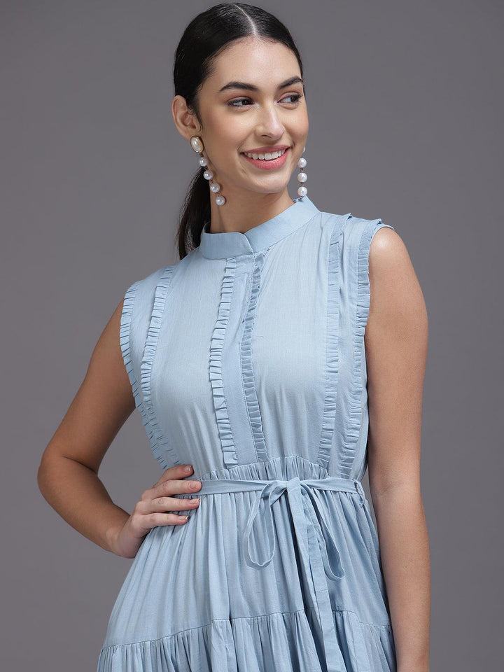 Blue Solid Cotton Dress - ShopLibas