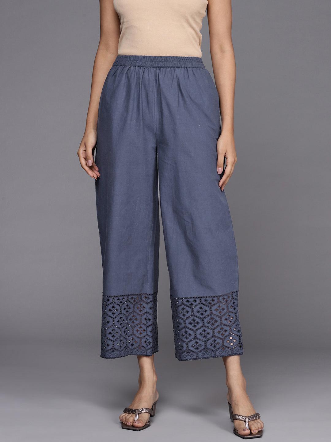 Blue Solid Cotton Palazzos - ShopLibas