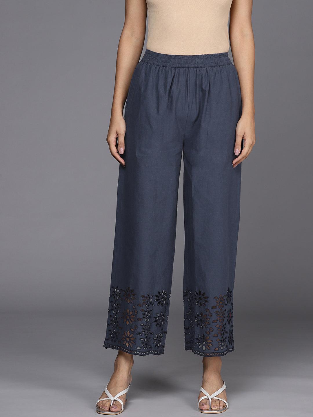 Blue Solid Cotton Palazzos - ShopLibas