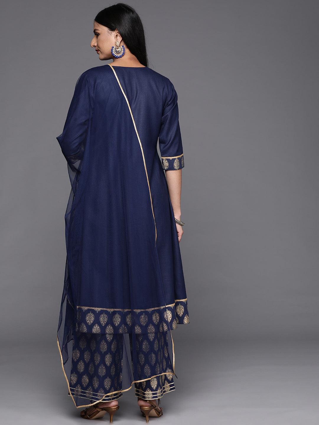 Blue Solid Rayon A-Line Suit Set - Libas