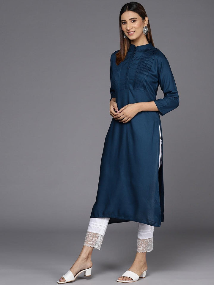 Blue Solid Rayon Straight Kurta - ShopLibas