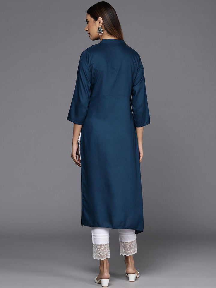 Blue Solid Rayon Straight Kurta - ShopLibas