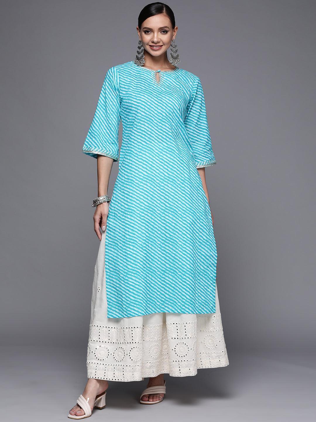 Blue Striped Cotton Straight Kurta - ShopLibas