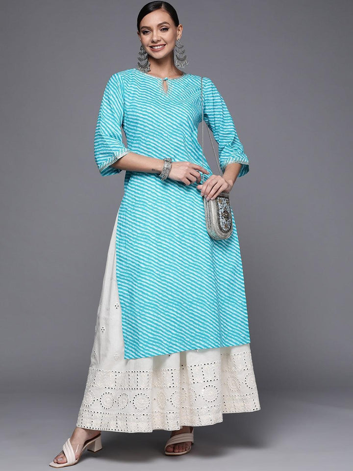 Blue Striped Cotton Straight Kurta - ShopLibas