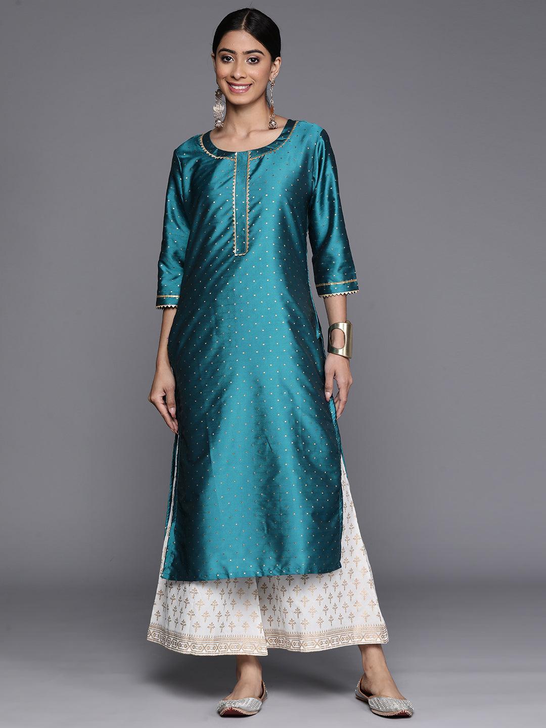 Blue Woven Design Art Silk Straight Kurta - ShopLibas
