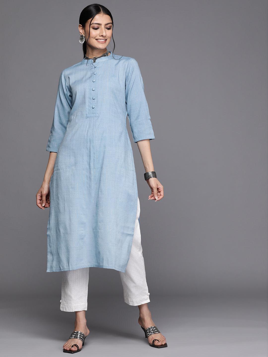 Blue Woven Design Cotton Kurta - ShopLibas
