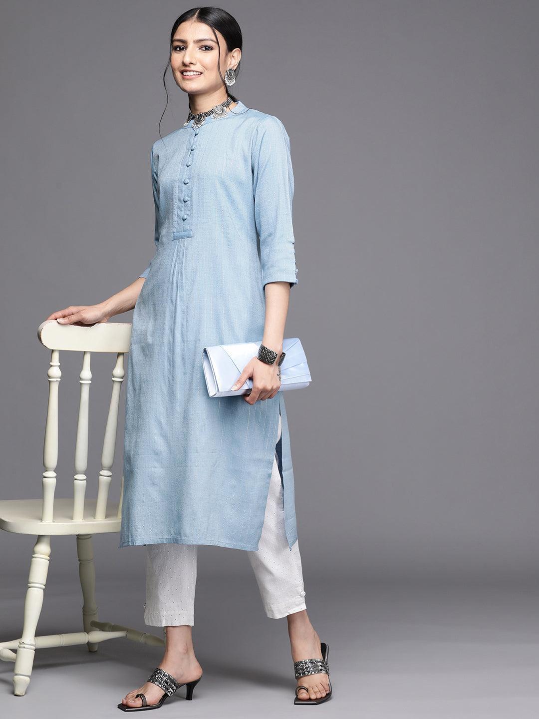 Blue Woven Design Cotton Kurta - ShopLibas