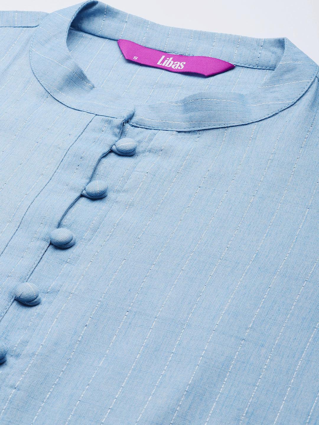 Blue Woven Design Cotton Kurta - ShopLibas