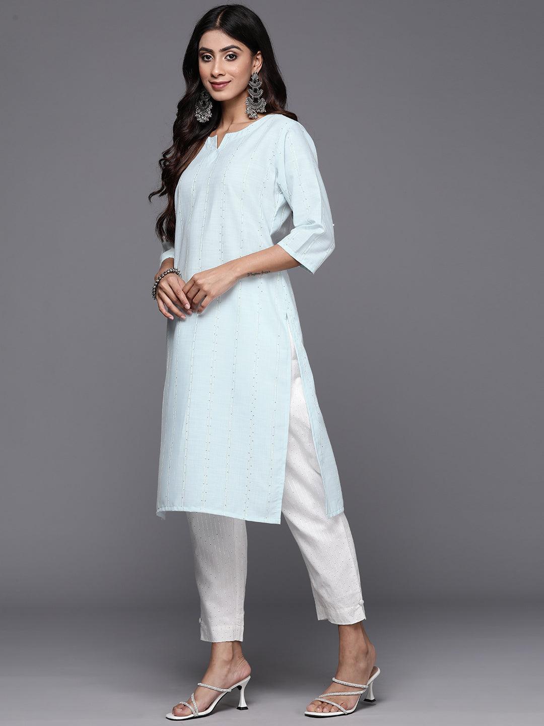 Blue Woven Design Cotton Straight Kurta - Libas 