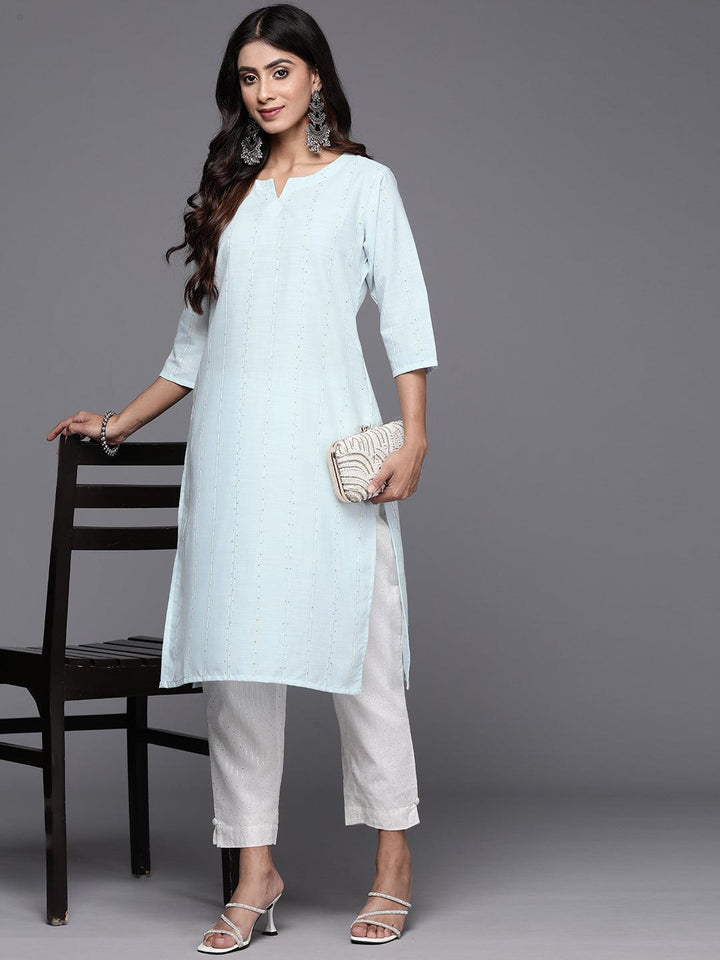 Blue Woven Design Cotton Straight Kurta