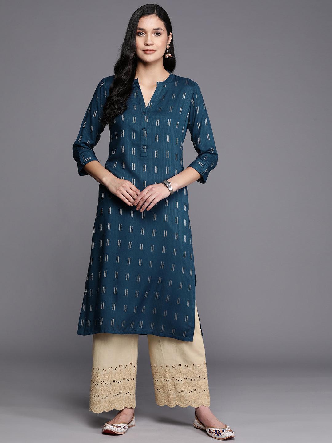 Blue Woven Design Rayon Straight Kurta - ShopLibas