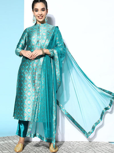 Blue Woven Design Silk Blend Straight Suit Set - ShopLibas